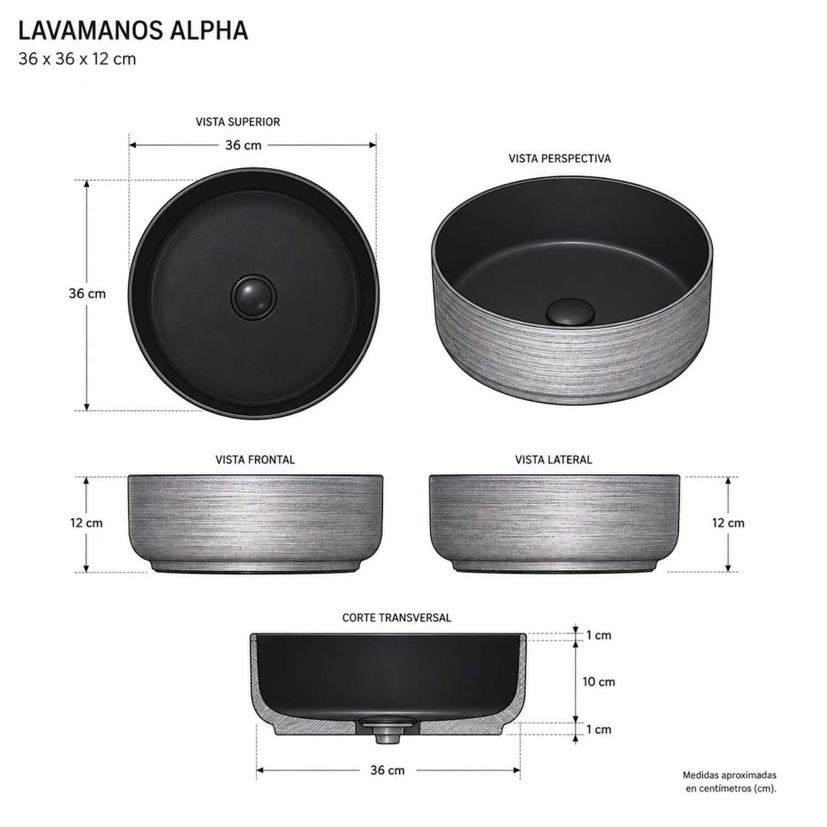 Lavamanos Sobreponer Alpha Negro Y Plateado 36 X 36 X 12 cm