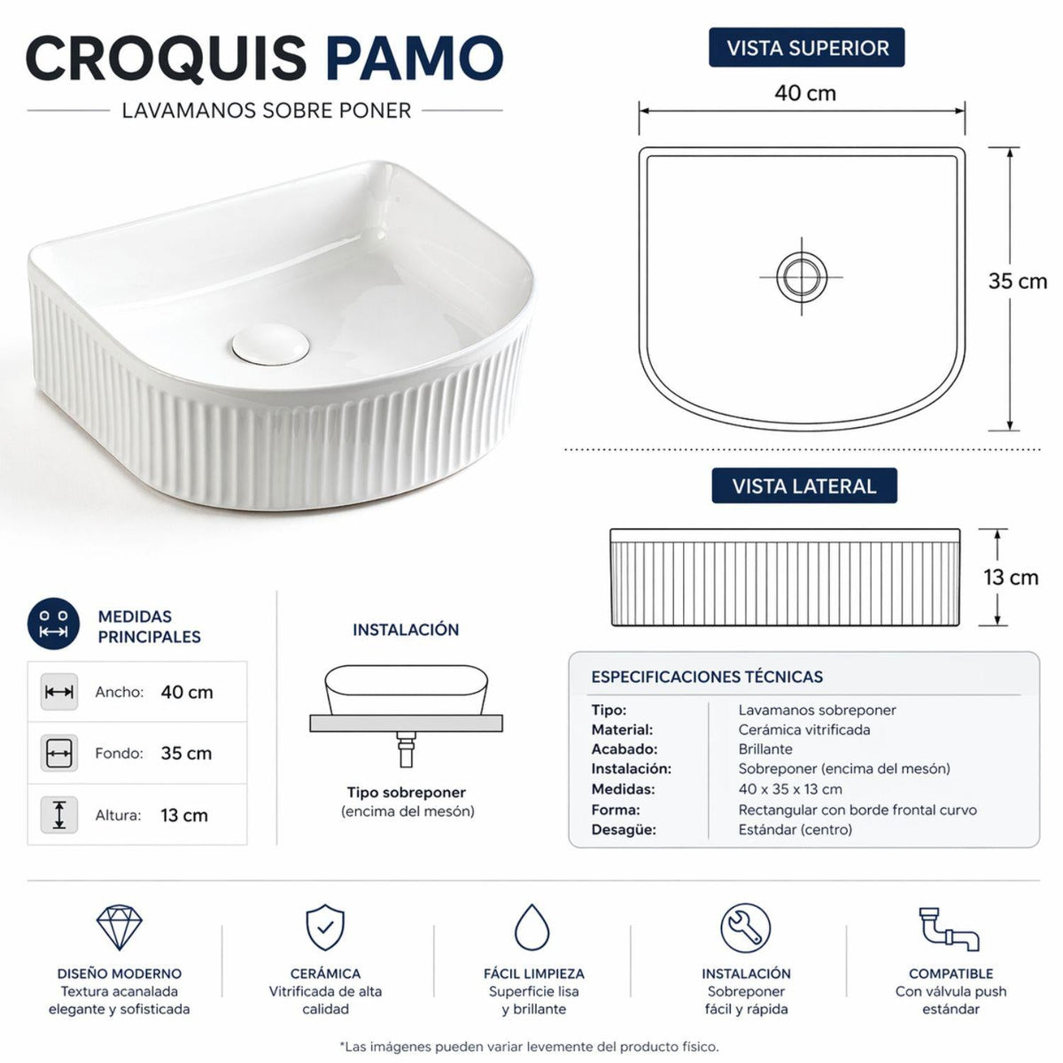 Lavamanos Sobreponer Praga Blanco 40 X 35 X 13 cm