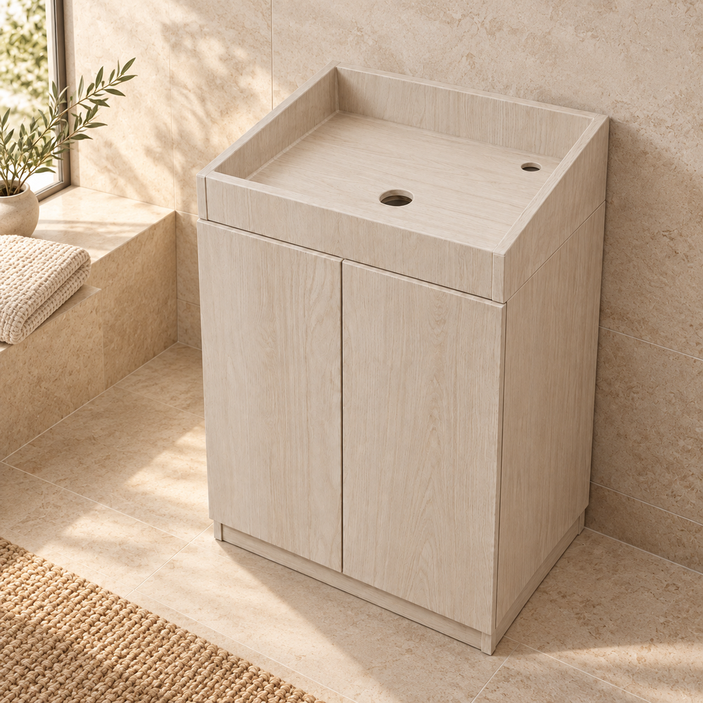 Mueble de baño claro sin lavamanos visto desde un ángulo alto