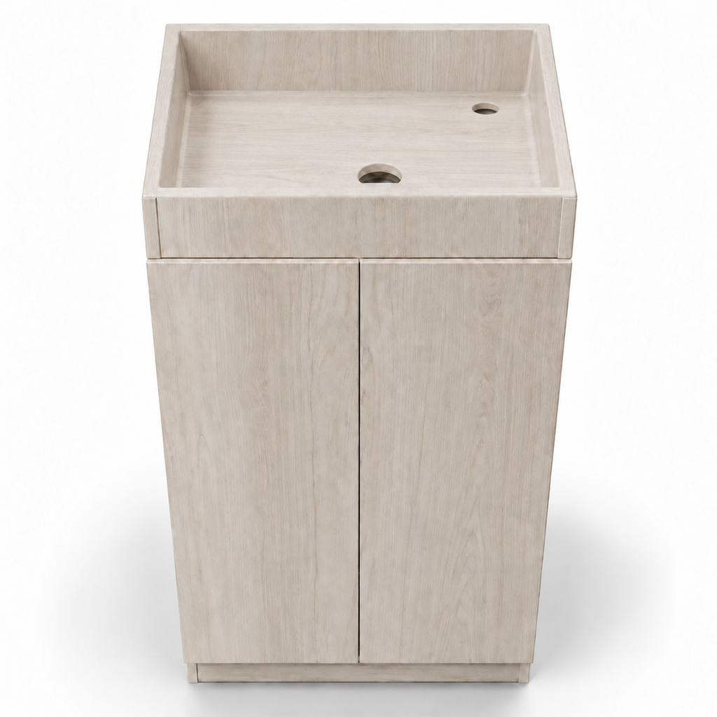 Mueble de baño claro de dos puertas sin lavamanos sobre fondo blanco