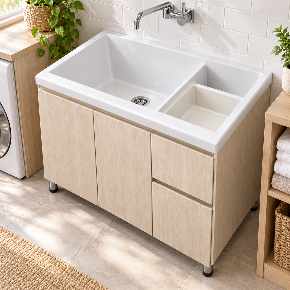 Mueble para lavadero con cajones: segunda ambientación de M80; lavadero y grifería no incluidos