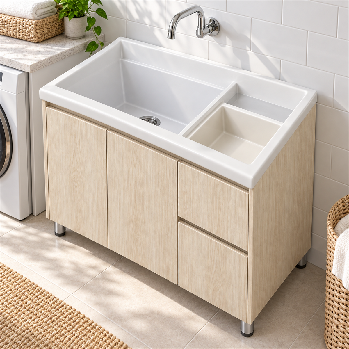 Mueble para lavadero con cajones: segunda ambientación de M90; lavadero y grifería no incluidos