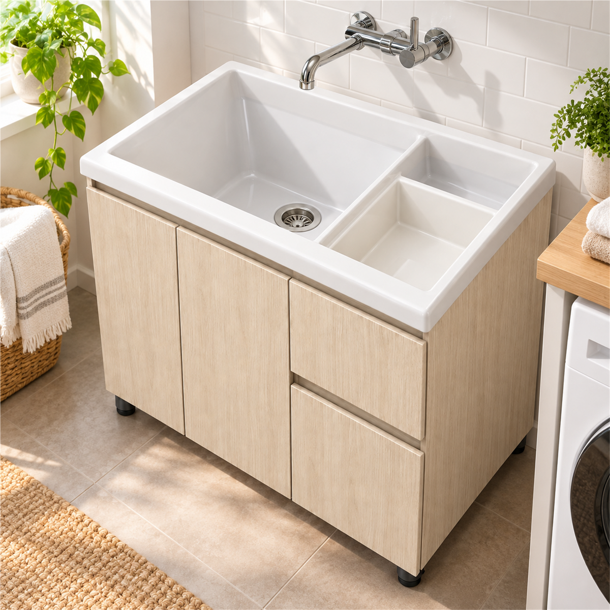 Mueble para lavadero con cajones: segunda ambientación de MC1; lavadero y grifería no incluidos