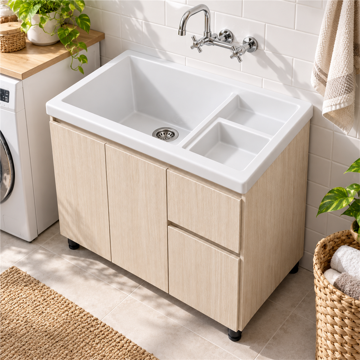 Mueble para lavadero con cajones: segunda ambientación de MC2; lavadero y grifería no incluidos