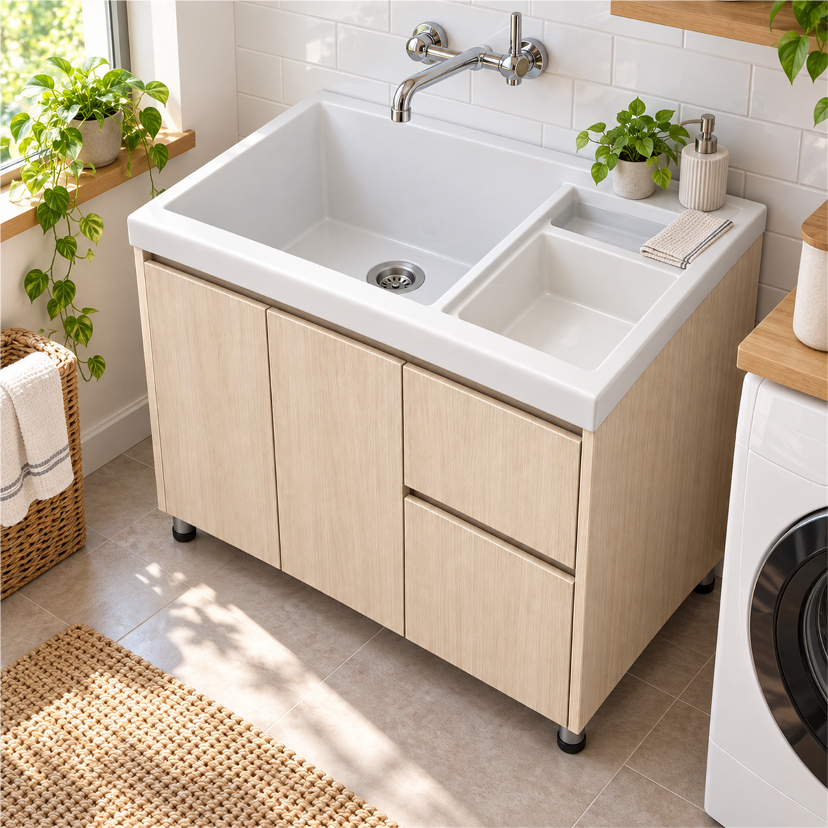 Mueble para lavadero con cajones: segunda ambientación de MC3; lavadero y grifería no incluidos