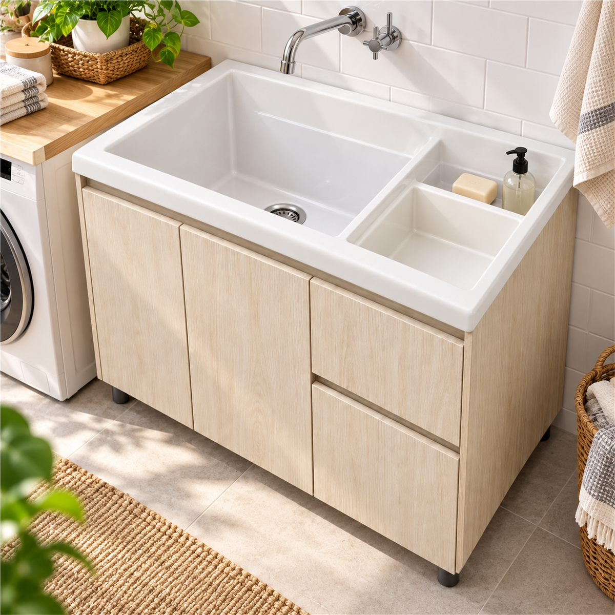 Mueble para lavadero con cajones: segunda ambientación de MC4; lavadero y grifería no incluidos