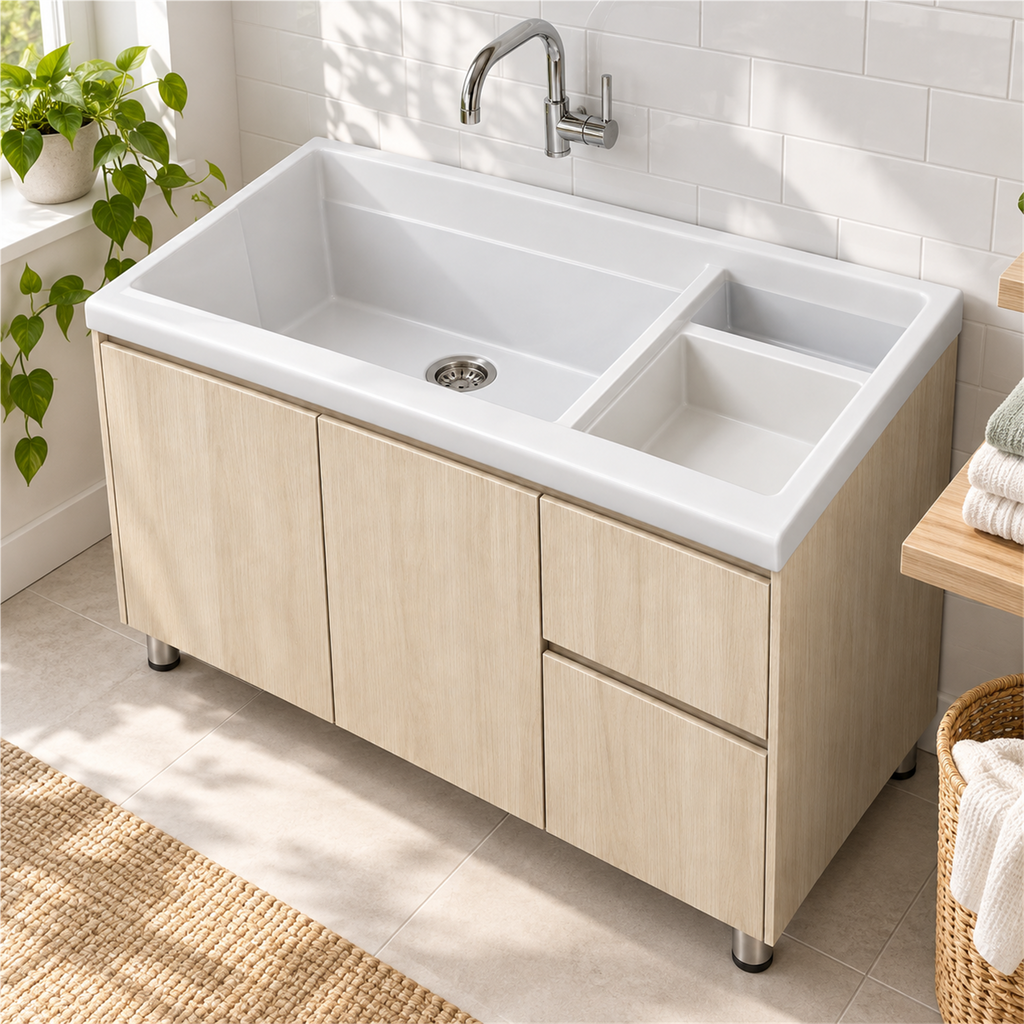 Mueble para lavadero con cajones: segunda ambientación de MC6; lavadero y grifería no incluidos