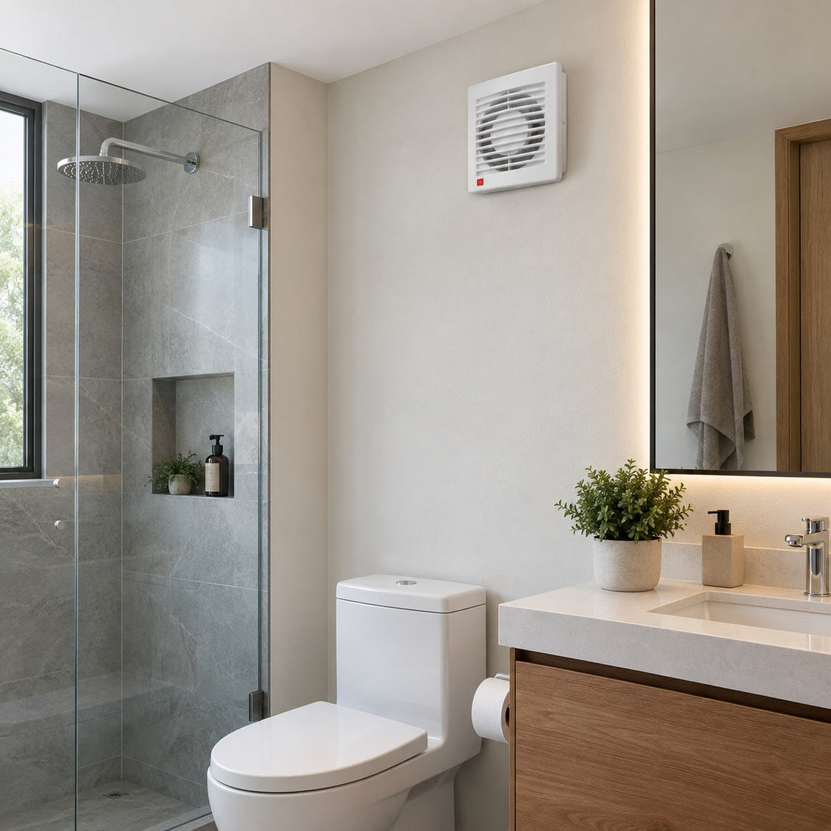 Extractor de aire MINI STYLE TIMER 4 pulgadas instalado en baño moderno