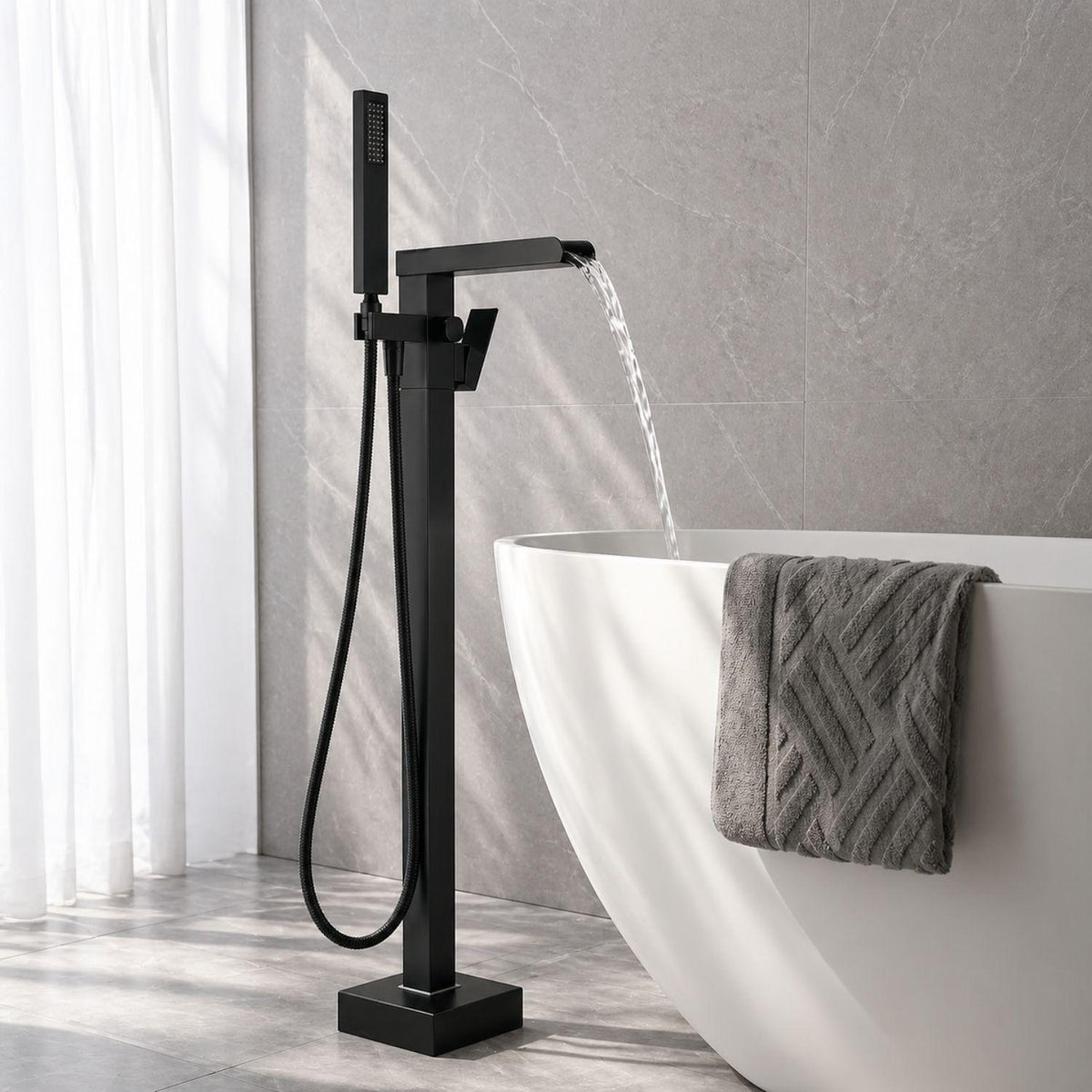 Grifería Bañera de Poste Negra con Ducha Manual | Monocontrol Piso Niagara
