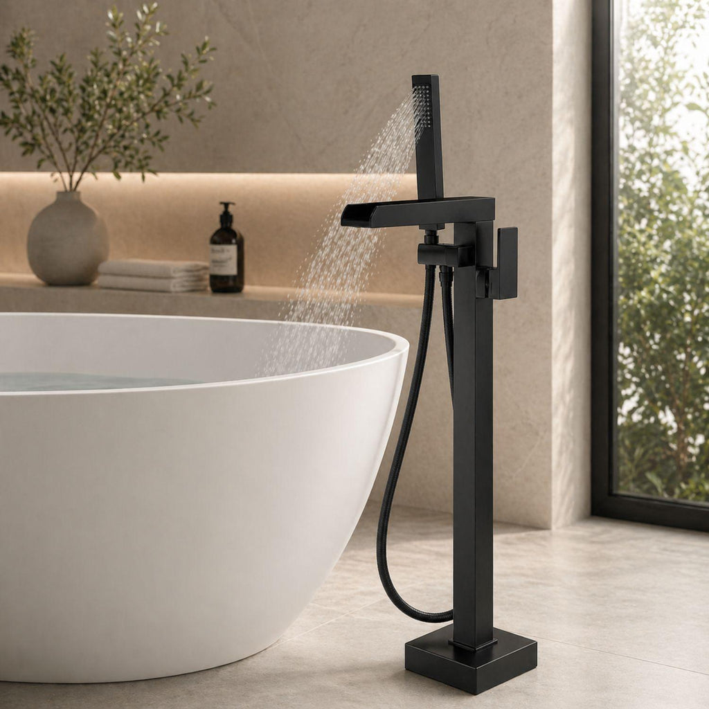 Grifería Bañera de Poste Negra con Ducha Manual | Monocontrol Piso Niagara