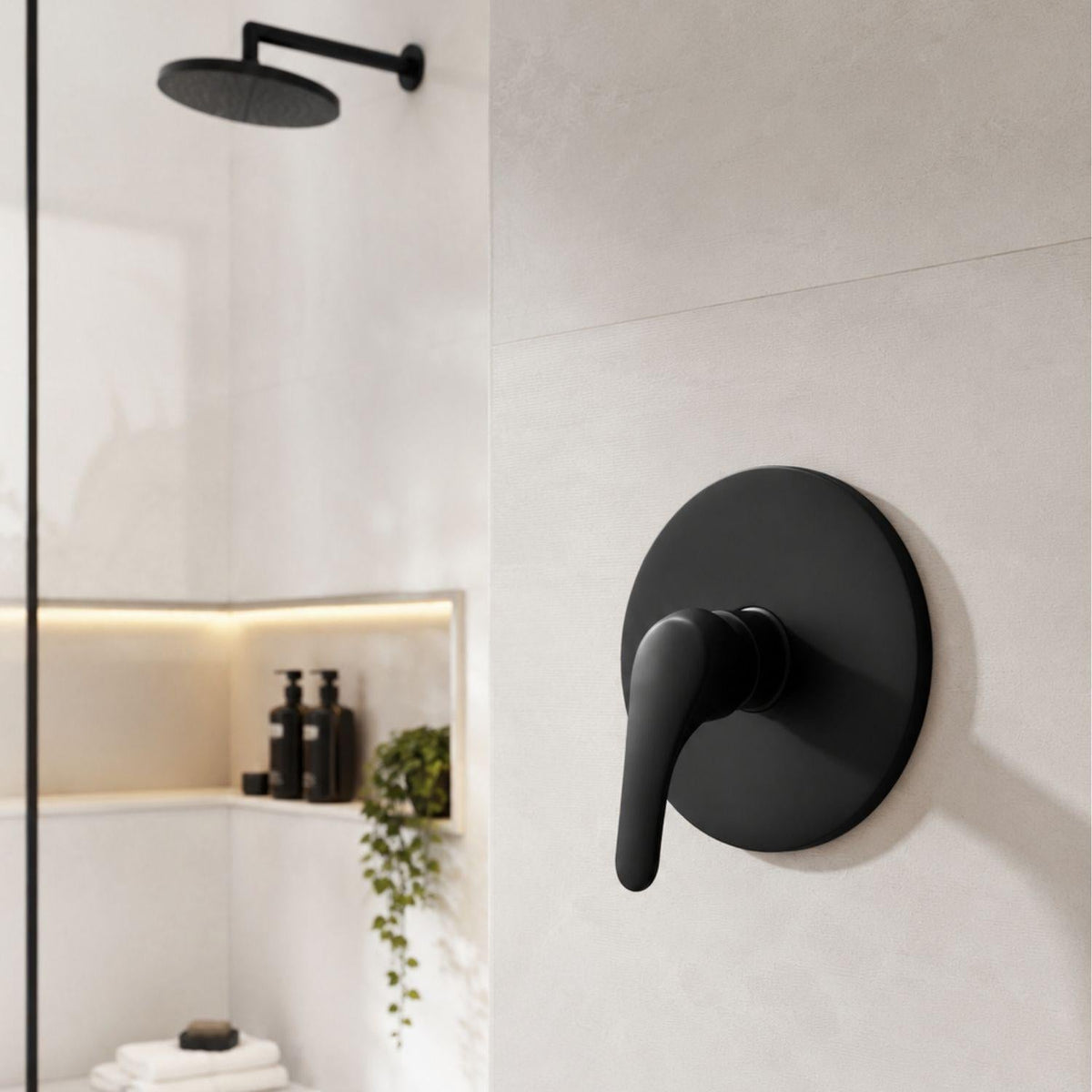 Grifería Monocontrol Para Ducha Redonda Negra Mate Con Palanca Para Baño Premium