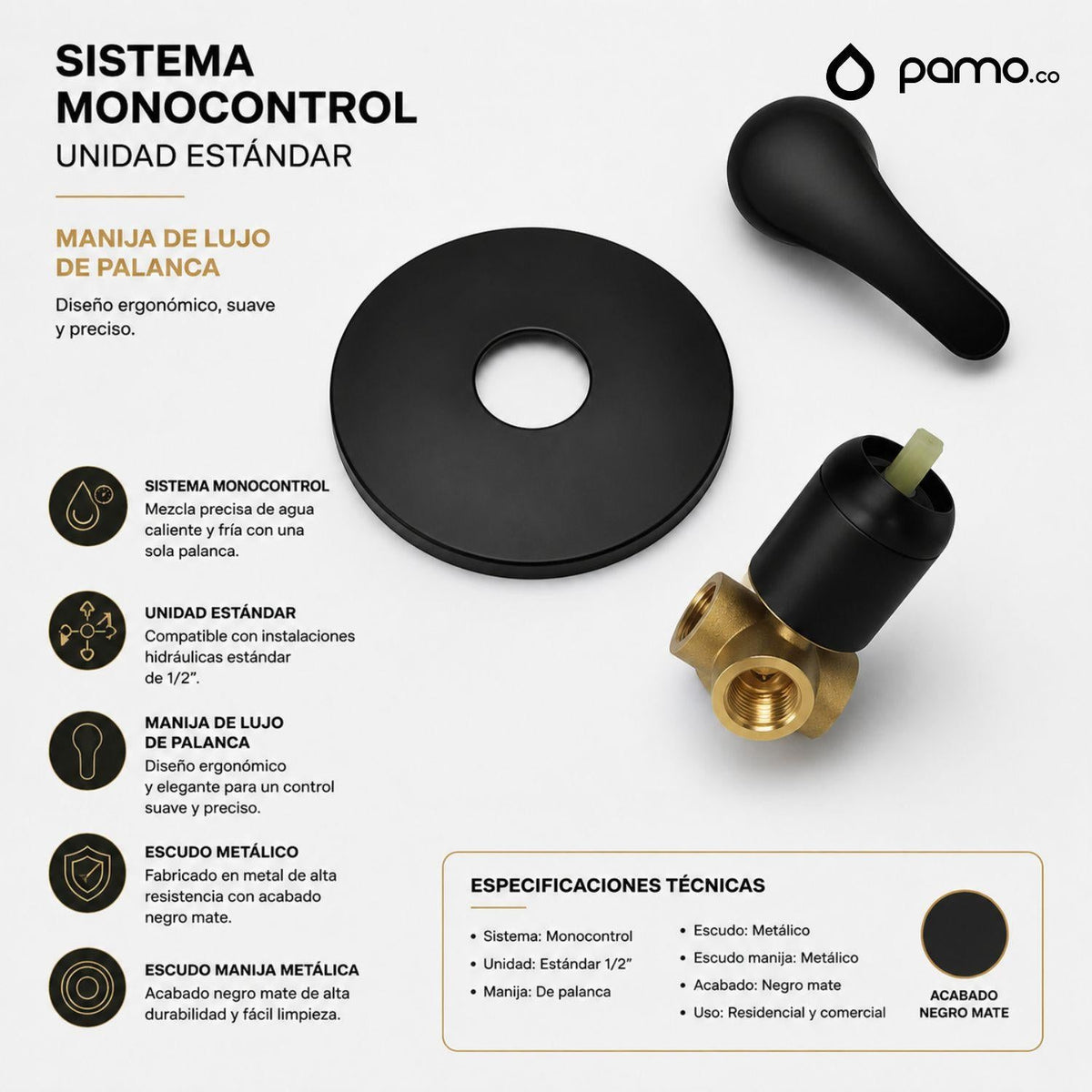 Grifería Monocontrol Para Ducha Redonda Negra Mate Con Palanca Para Baño Premium