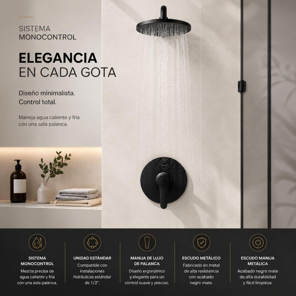 Grifería Monocontrol Para Ducha Redonda Negra Mate Con Palanca Para Baño Premium