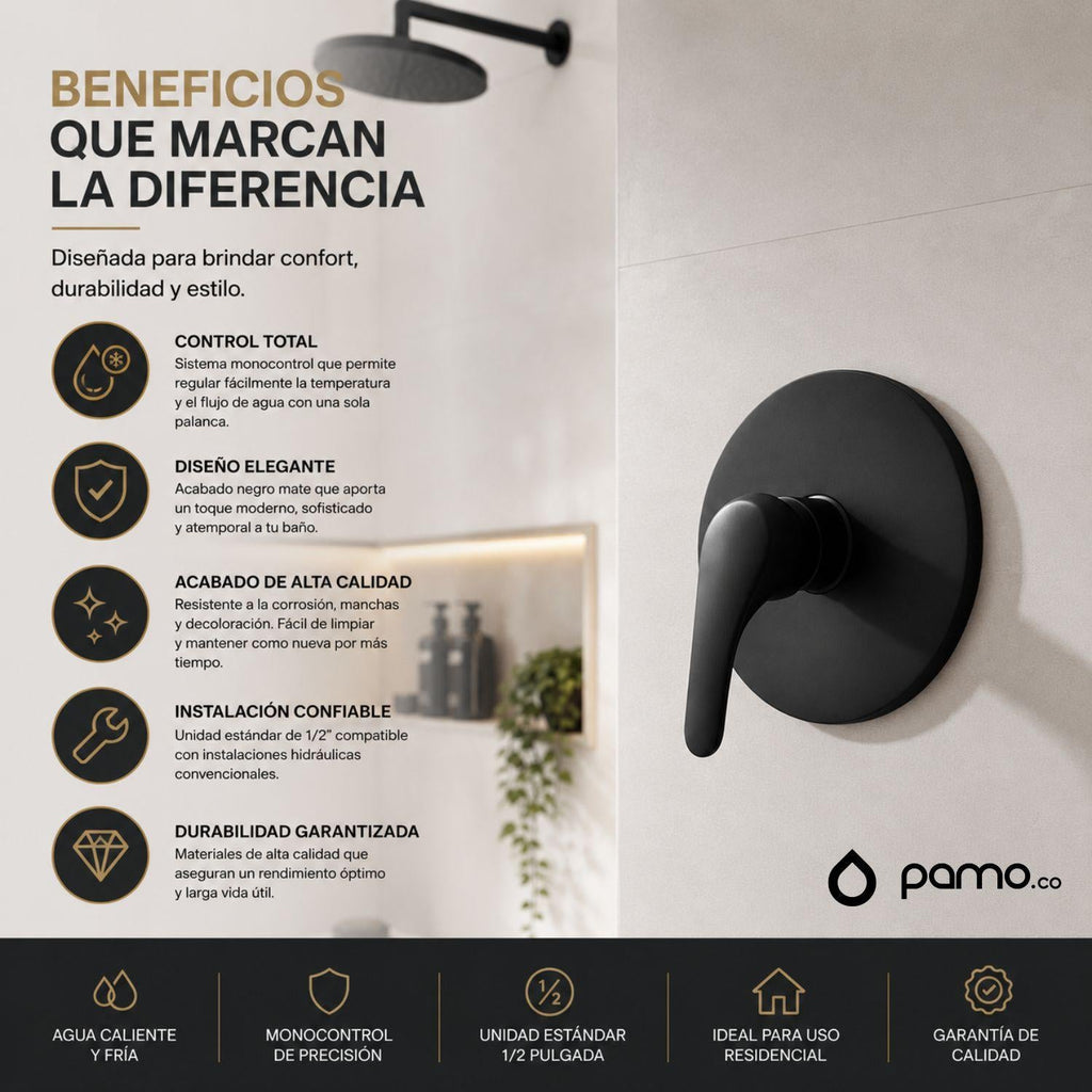 Grifería Monocontrol Para Ducha Redonda Negra Mate Con Palanca Para Baño Premium