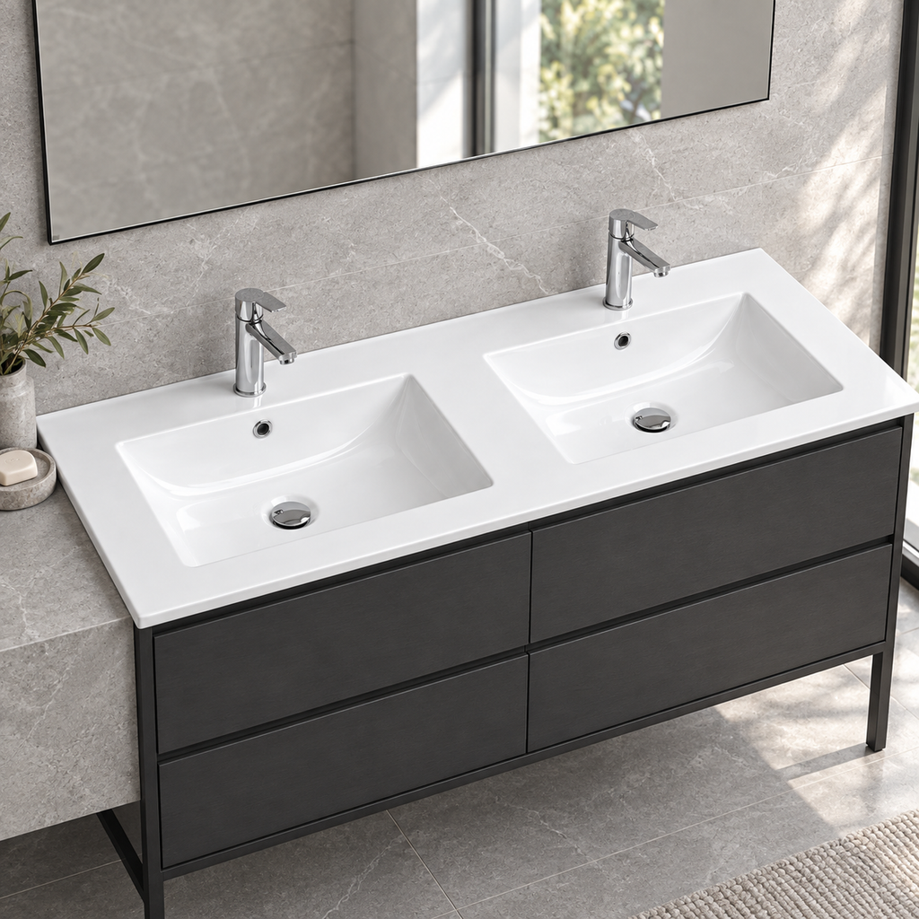 Lavamanos Integrado Doble De Porcelana Blanco 121 X 46 X 17 cm — ambientación