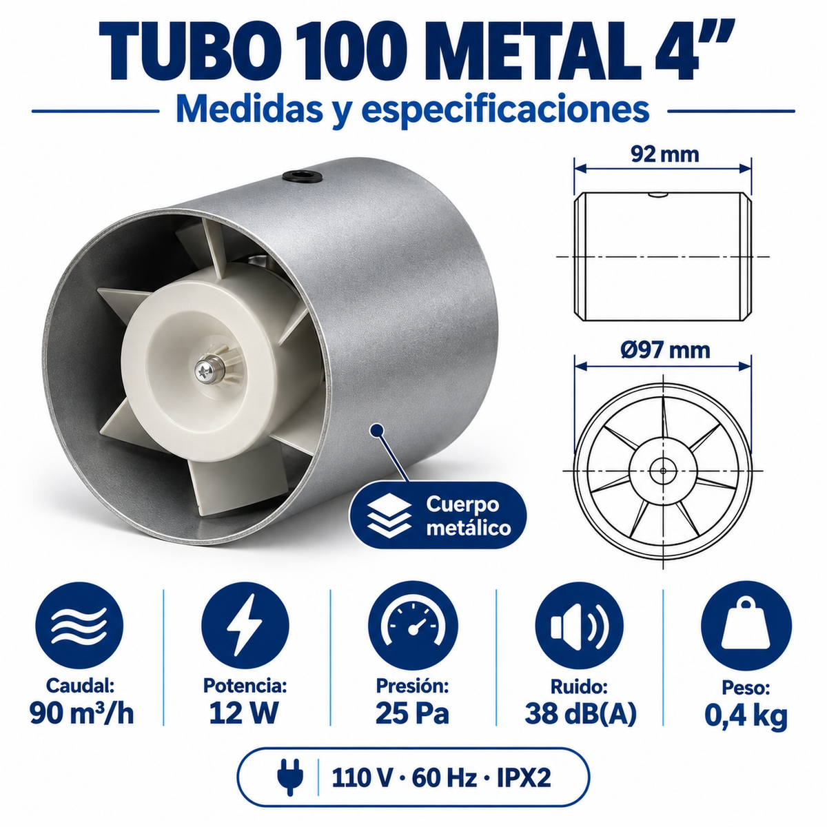 Medidas y especificaciones del extractor axial TUBO 100 de tecnopolímero blanco