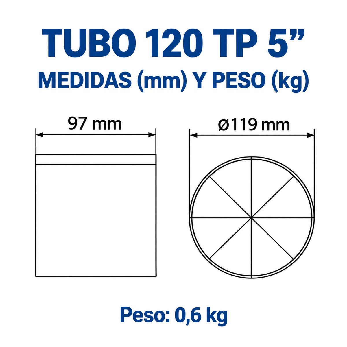 Plano de medidas del extractor TUBO 120 de 5 pulgadas