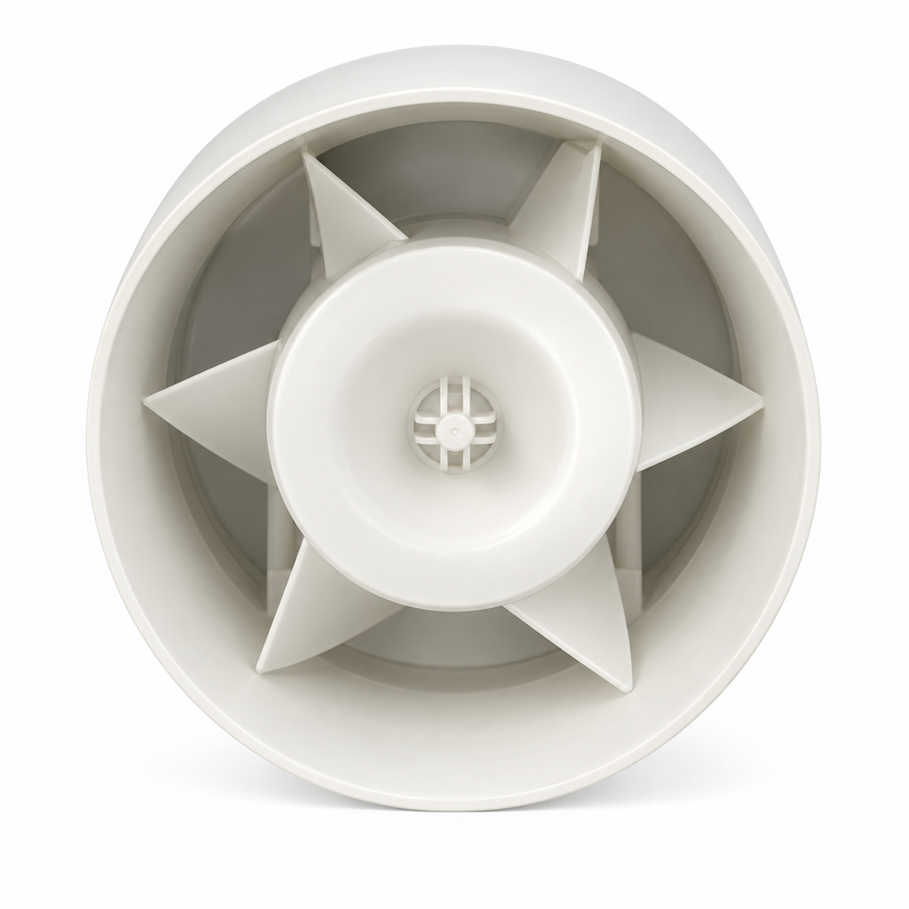 Vista interior del extractor axial TUBO 120 de tecnopolímero blanco