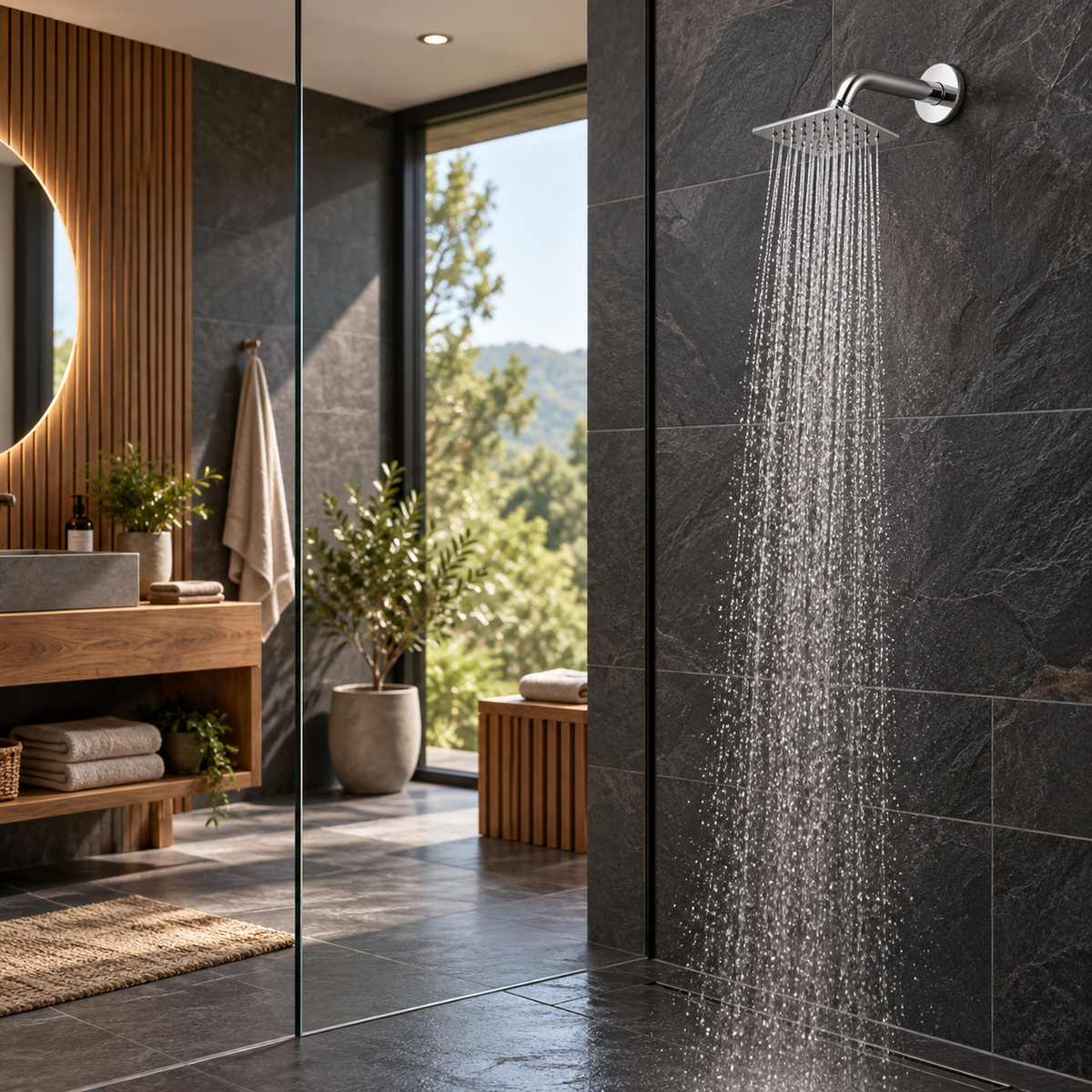 Regadera cuadrada cromada de 4 pulgadas instalada en baño moderno