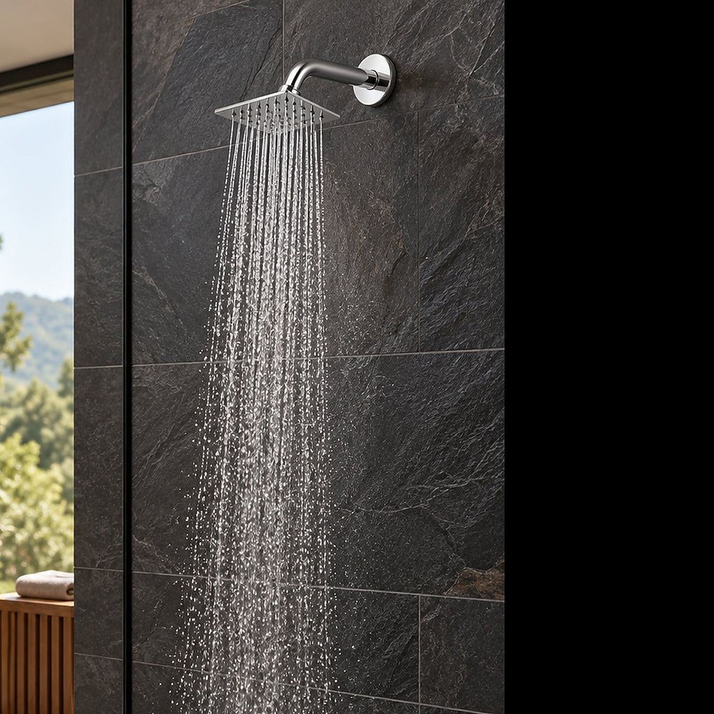 Acercamiento de la regadera cuadrada cromada con agua natural