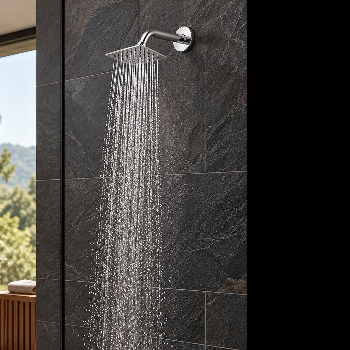Acercamiento de la regadera cuadrada cromada con agua natural