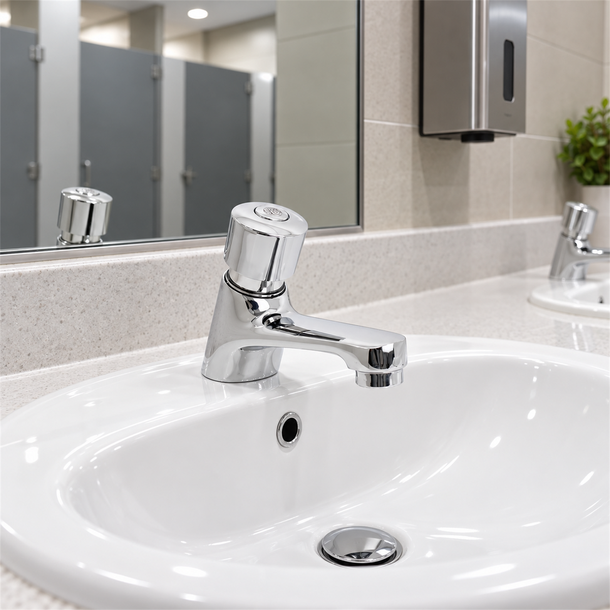 Llave push para lavamanos instalada en baño
