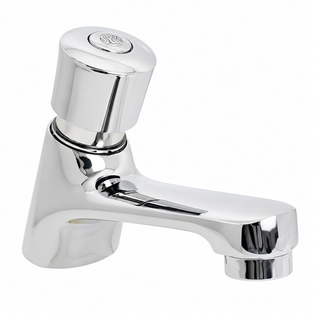Llave push para lavamanos en zinc sobre fondo blanco