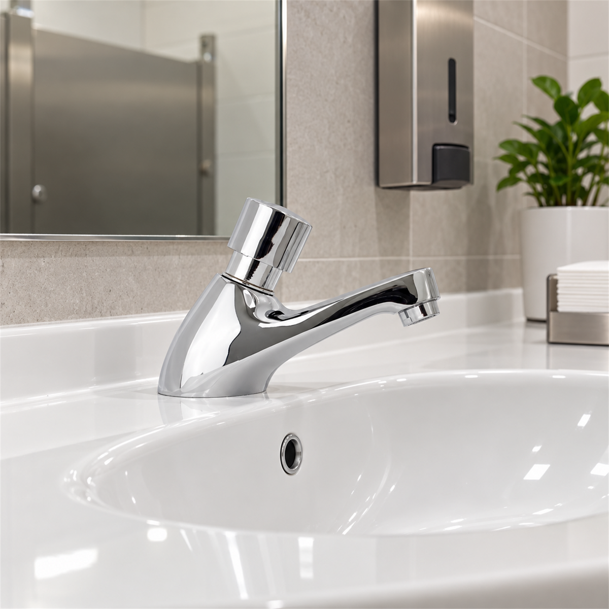 Llave push superior para lavamanos instalada en baño