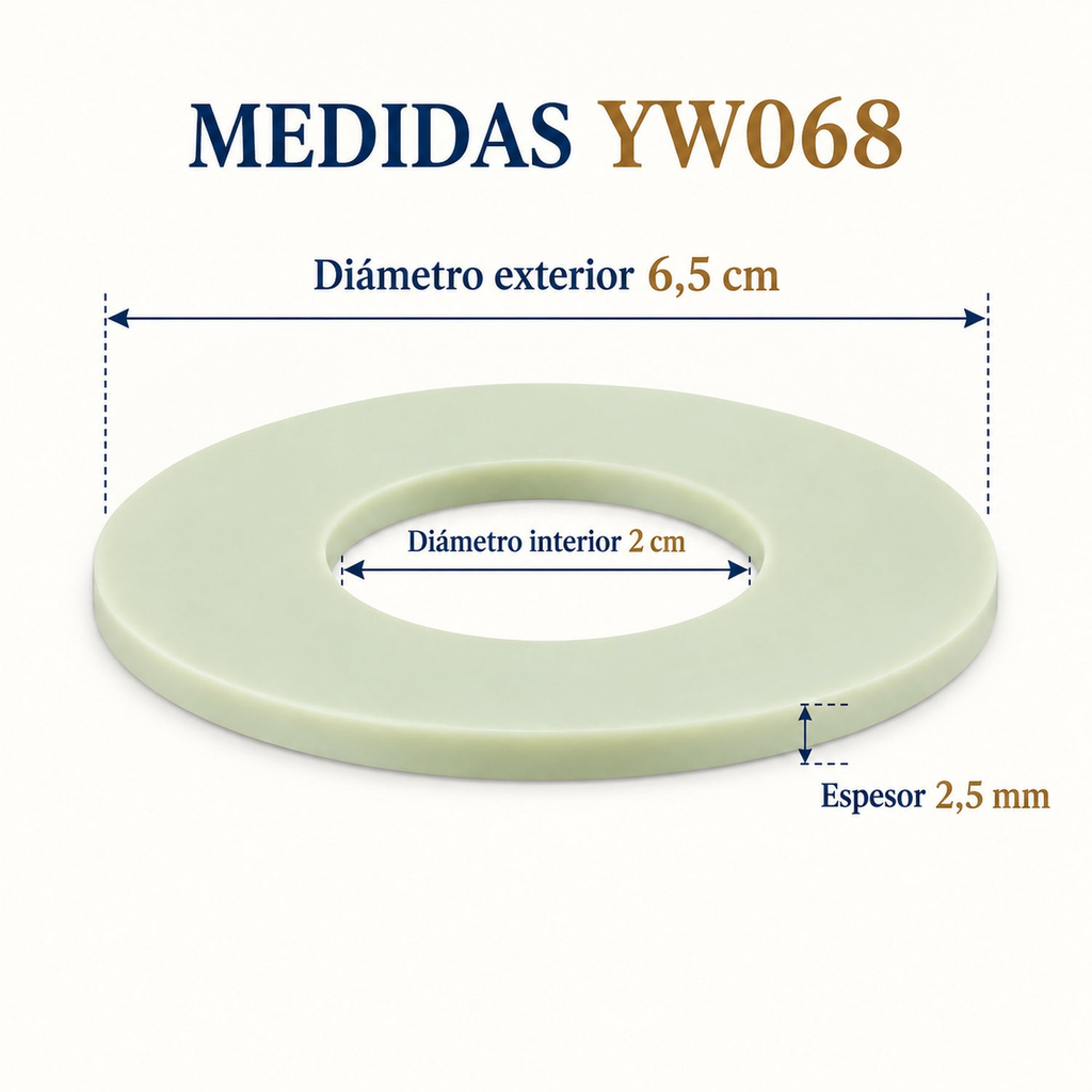 Medidas del empaque YW068: diámetro exterior 6,5 cm, interior 2 cm y espesor 2,5 mm
