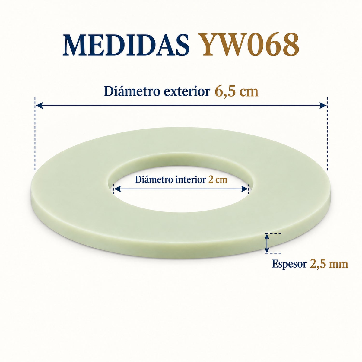 Medidas del empaque YW068: diámetro exterior 6,5 cm, interior 2 cm y espesor 2,5 mm