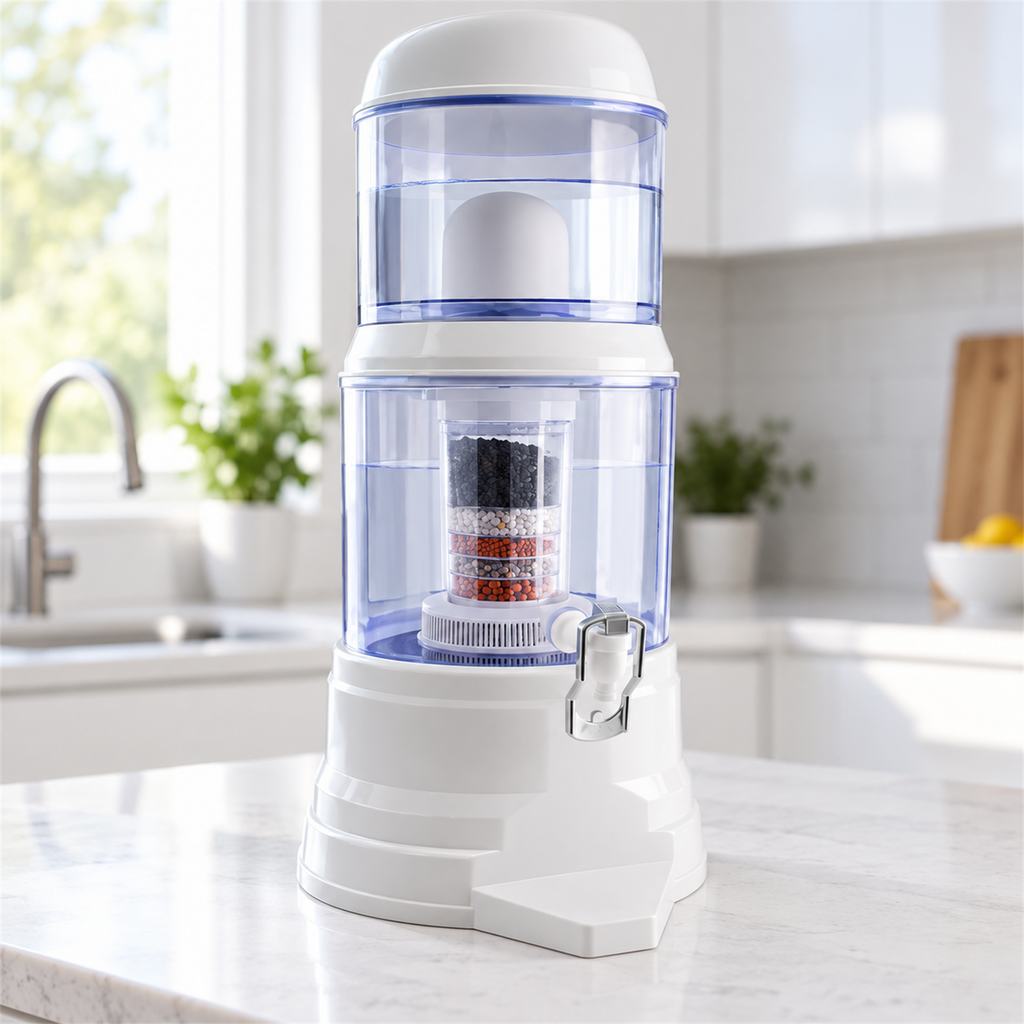 Filtro purificador de agua de 12 litros en vista cercana