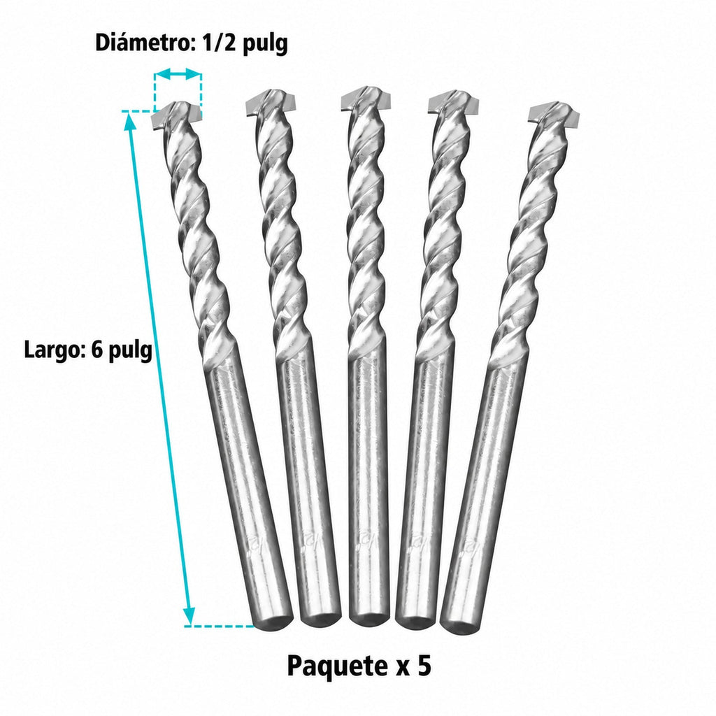 Medidas de Juego de 5 Brocas para Concreto de 1/2 x 6 Pulgadas