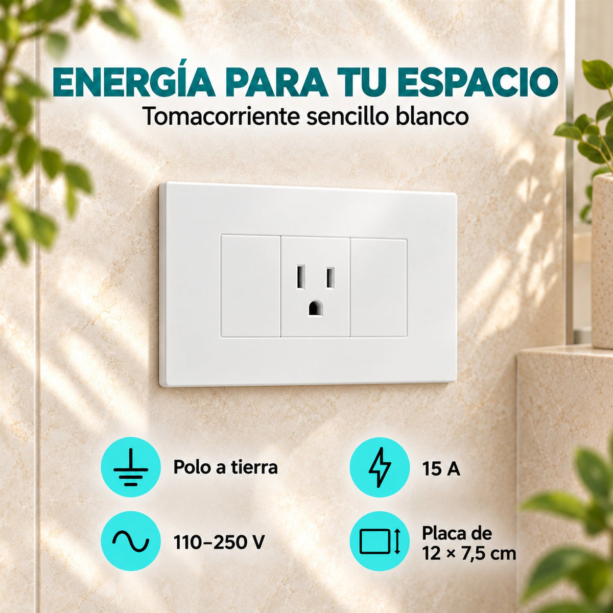 Tomacorriente Sencillo Blanco 15 A 12 × 7,5 cm — características