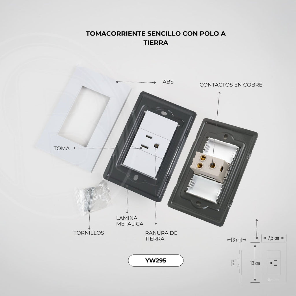 Tomacorriente Sencillo Blanco 15 A 12 × 7,5 cm — detalle técnico