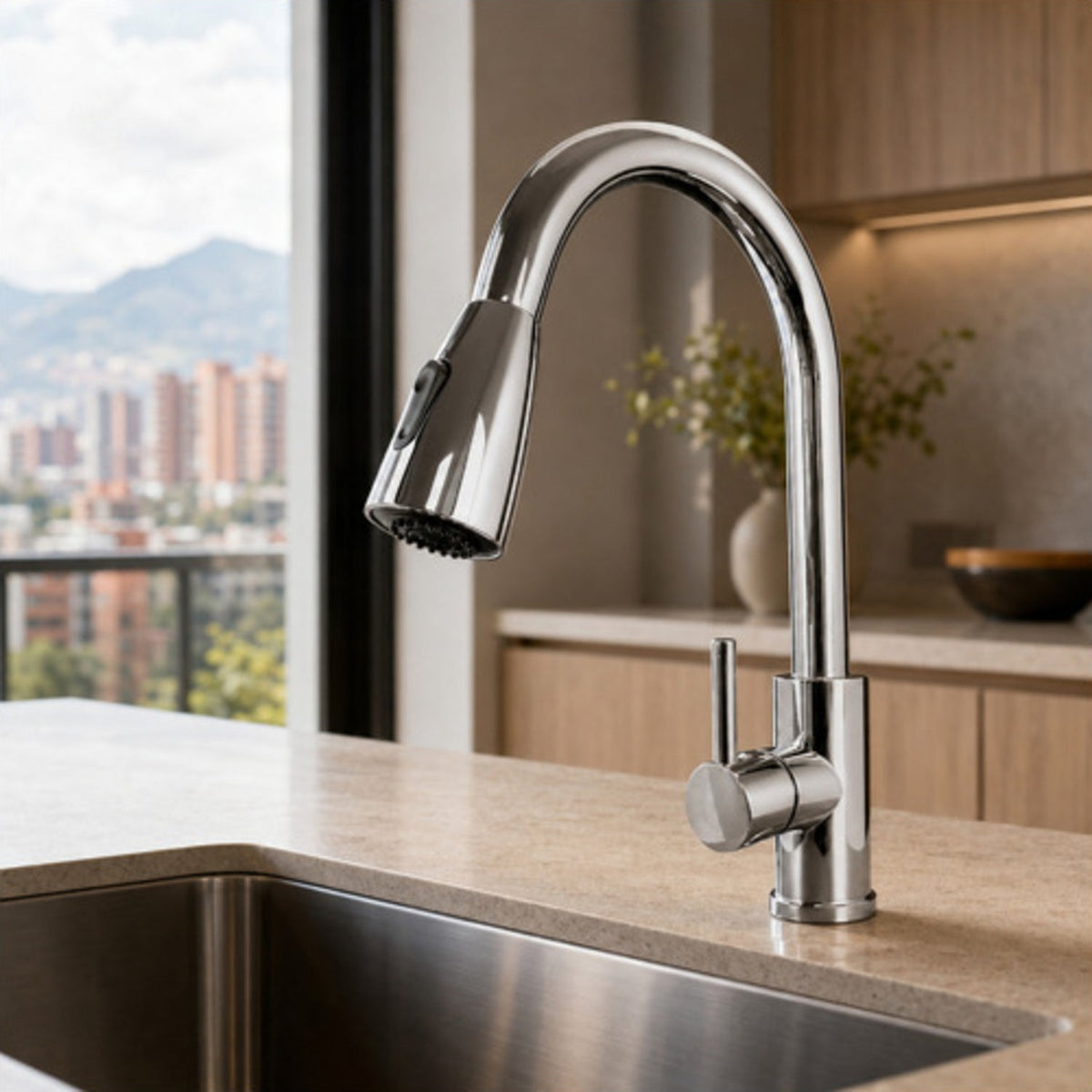 Mezclador lavaplatos extraíble cromado instalado en cocina moderna