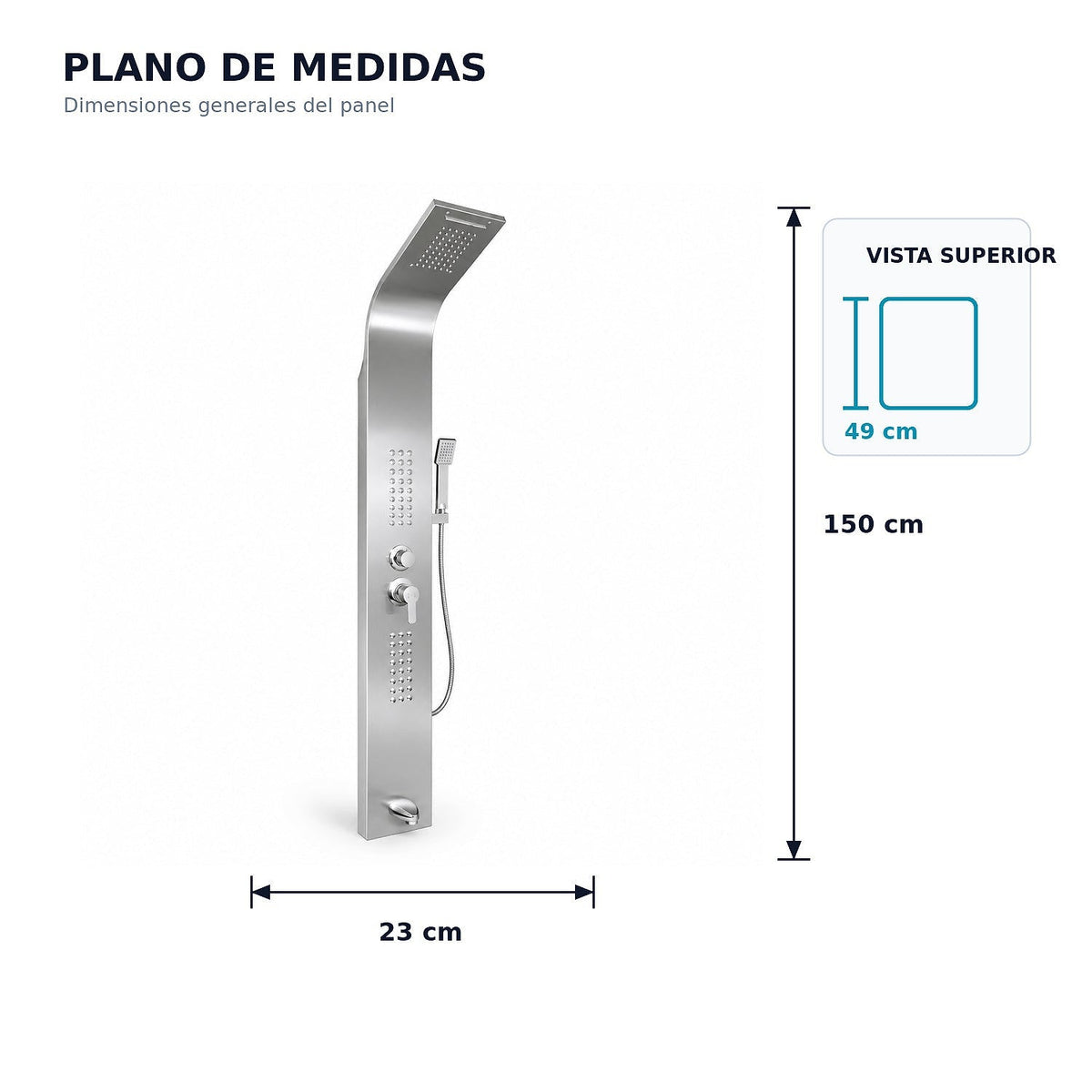Plano de medidas: 150 cm de alto, 23 cm de ancho y 49 cm de proyección