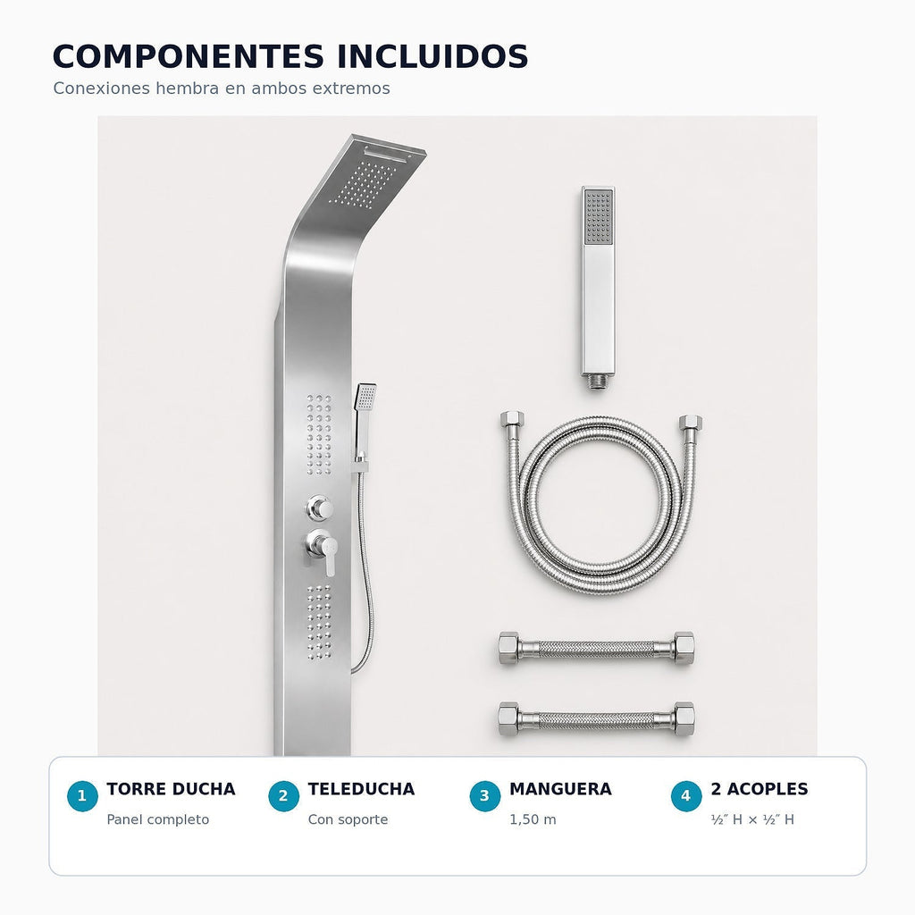Componentes incluidos de la torre de ducha cromada