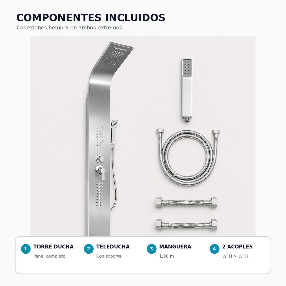 Componentes incluidos de la torre de ducha cromada