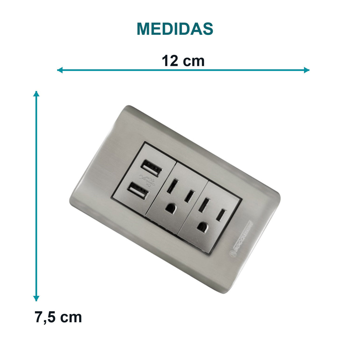 Tomacorriente Doble con USB Plateado 12 × 7,5 cm — medidas