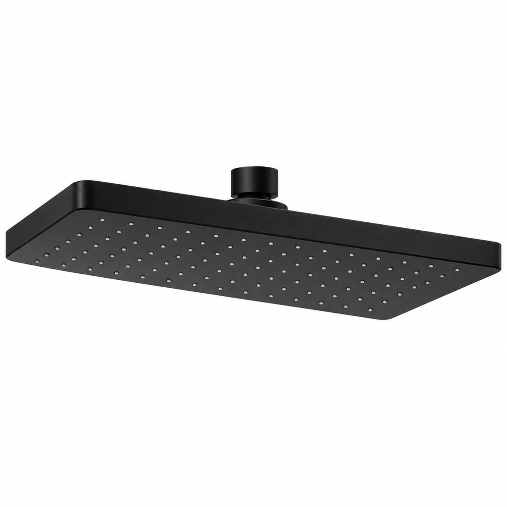 Regadera rectangular negra sobre fondo blanco