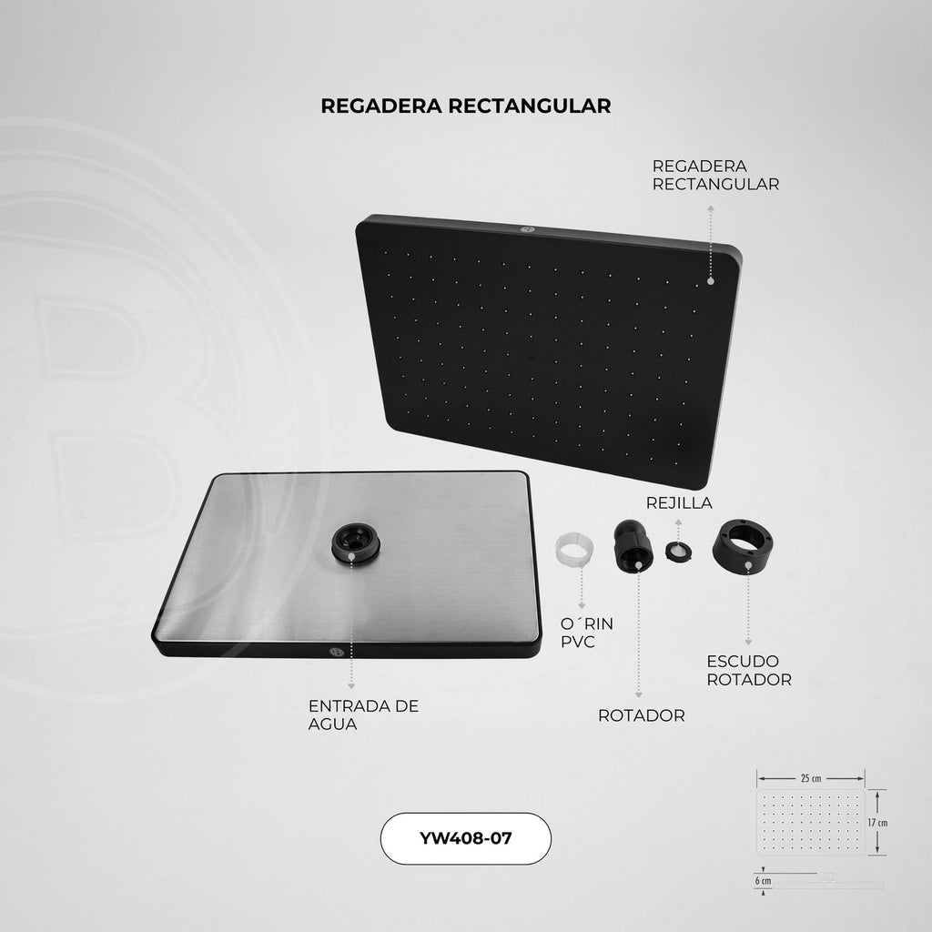 Regadera Rectangular Negra 25 × 17 cm — fotografía oficial 2