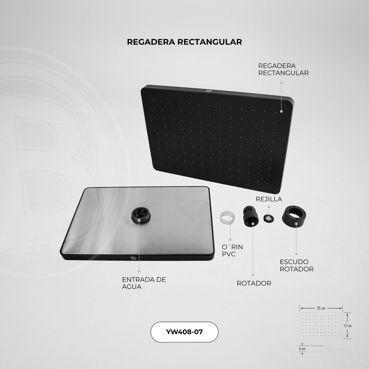Regadera Rectangular Negra 25 × 17 cm — fotografía oficial 2