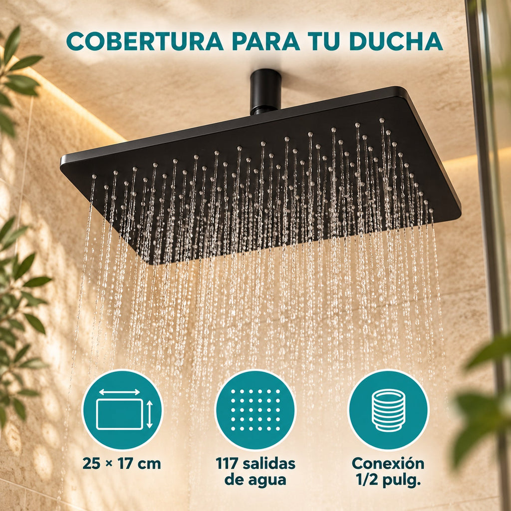 Regadera Rectangular Negra 25 × 17 cm — características