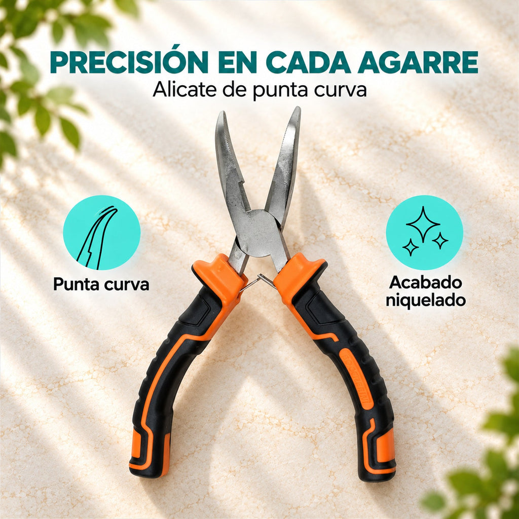 Alicate de Punta Curva con Mango Naranja y Negro - características