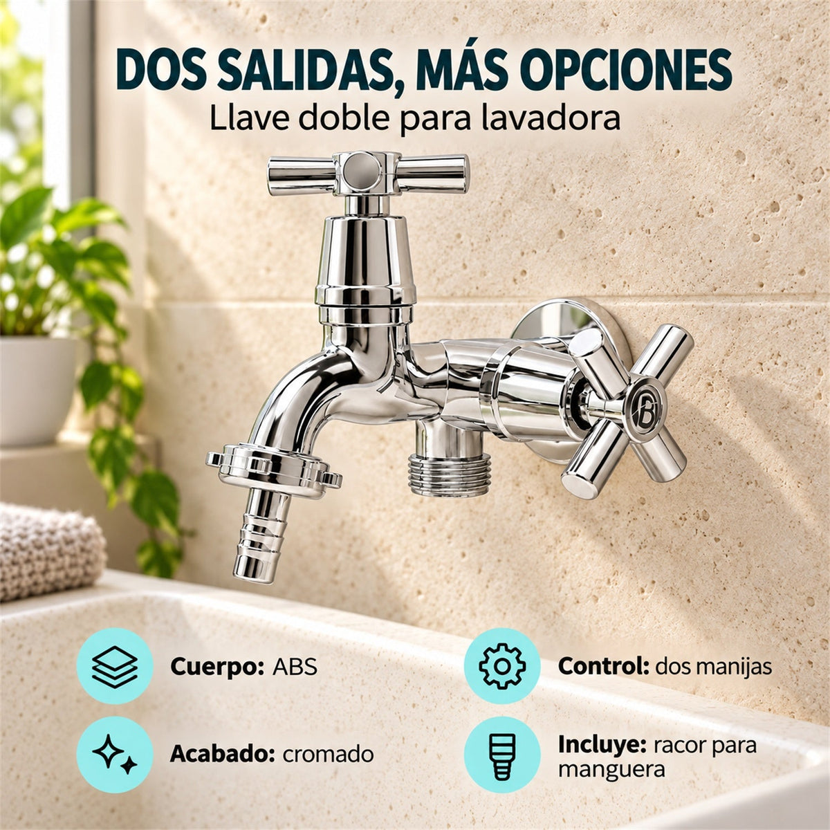 Características de la llave doble para lavadora: cuerpo ABS, acabado cromado, dos manijas y racor para manguera