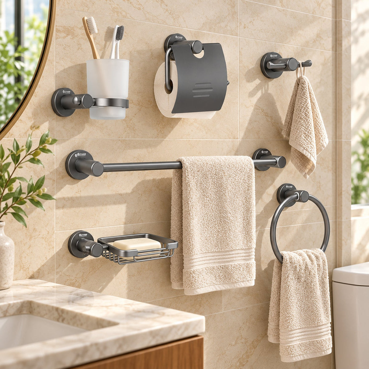 Juego de Accesorios para Baño Gris de 6 Piezas — ambientación