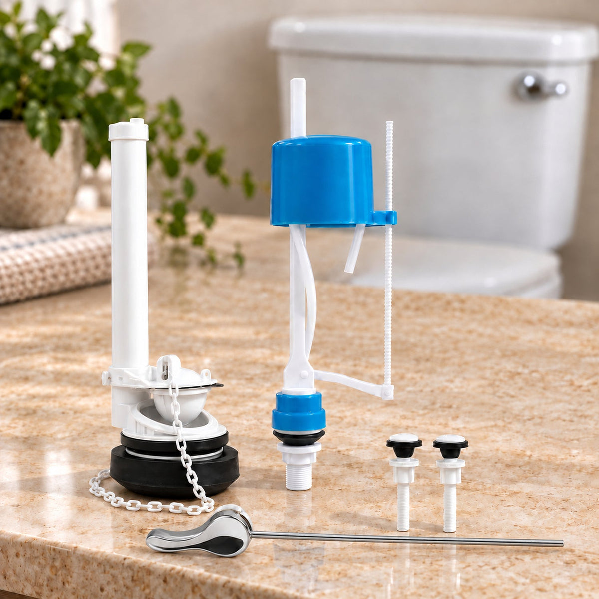 Kit de válvulas para sanitario con sus componentes sobre una superficie de piedra