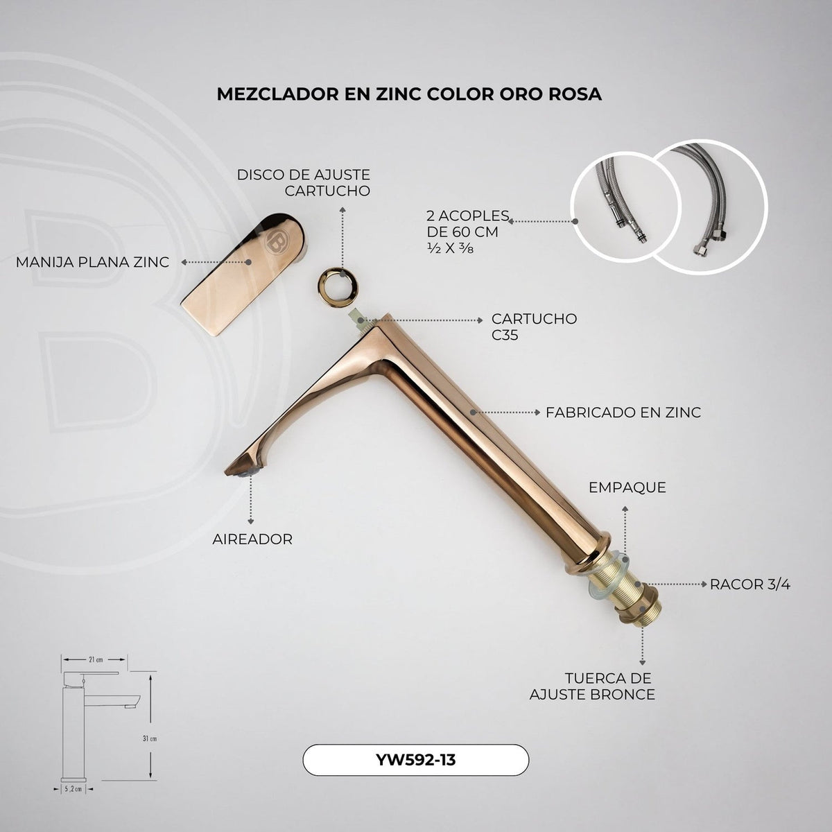 Mezclador Alto para Lavamanos Oro Rosa 31,5 cm — foto oficial