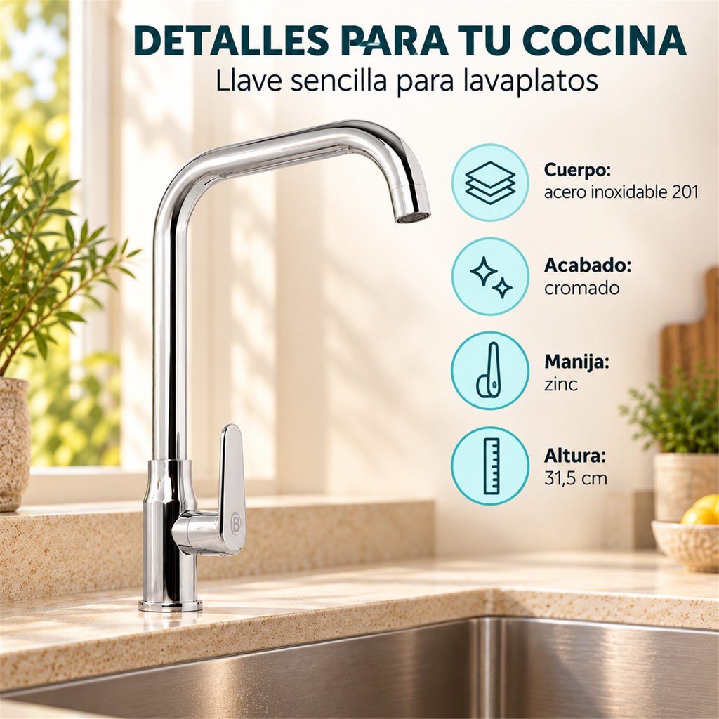 Características de la llave cromada: cuerpo en acero inoxidable 201, manija de zinc y altura de 31,5 cm