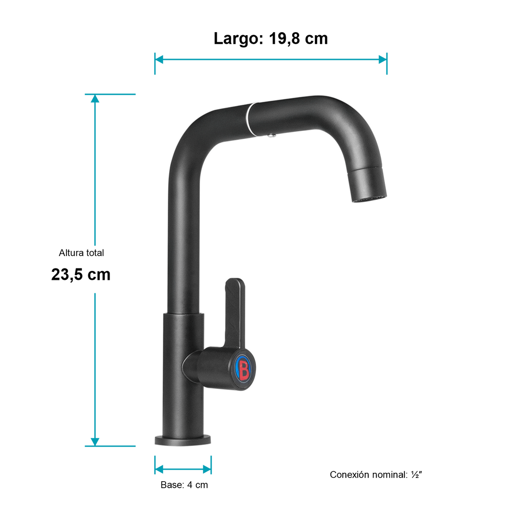 Medidas de la llave negra: alto 23,5 cm, largo 19,8 cm, base 4 cm y conexión nominal de media pulgada